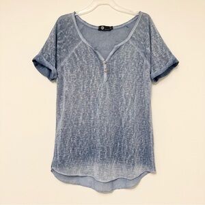 M Made in Italy Denim Blue Blouse T-Shirt with Cuffed Sleeves Linen Blend W's XS